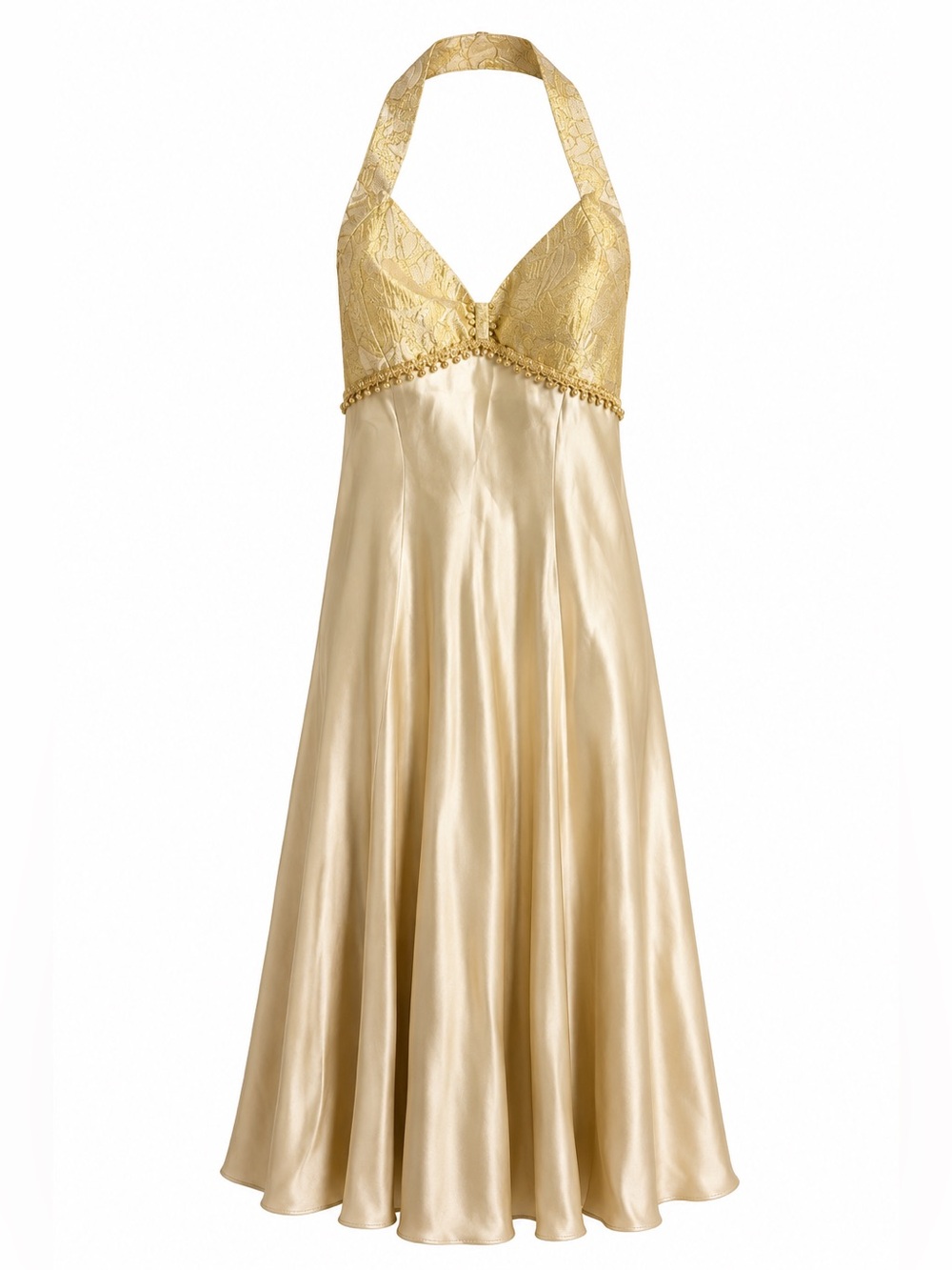 Vintage Custom Handmade Gold Metallic Brocade Halter Long Maxi Dress S